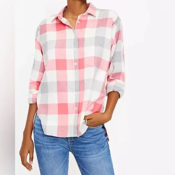 LOFT Pink & Red Plaid Cozy Shirt | Button-Up Flannel | Size Medium Fall Layering - Picture 1 of 8